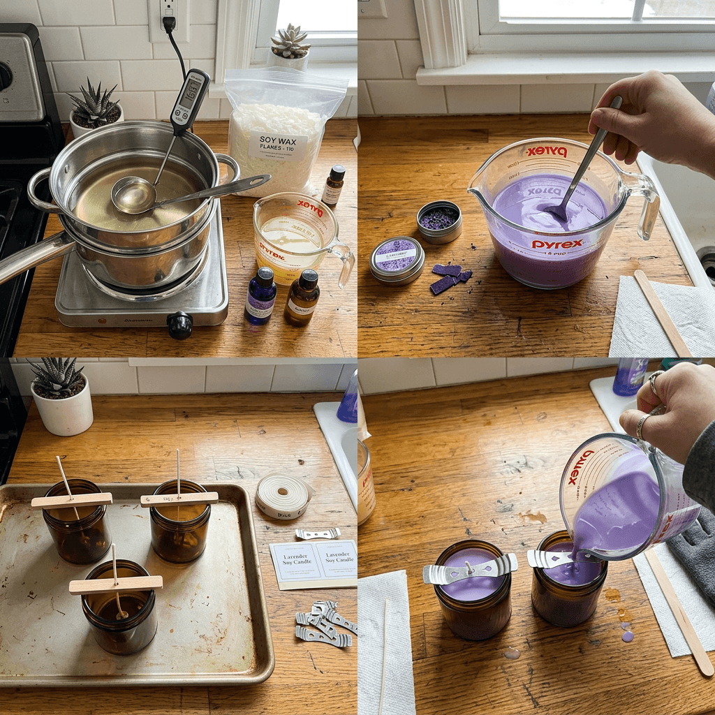 Process of melting, mixing, setting wicks, and pouring lavender soy wax candles
