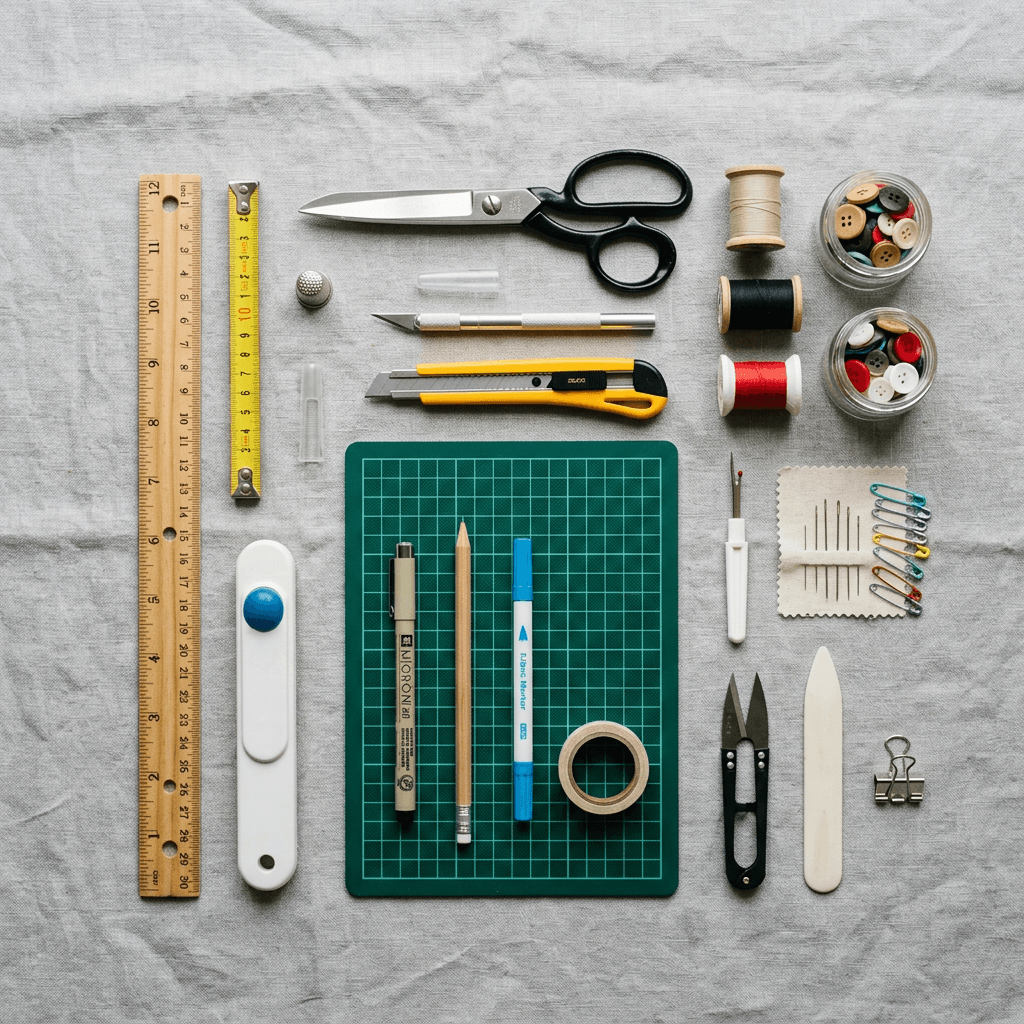 Rulers, scissors, thread spools, buttons, needles, cutting tools, and marking instruments arranged on gray fabric