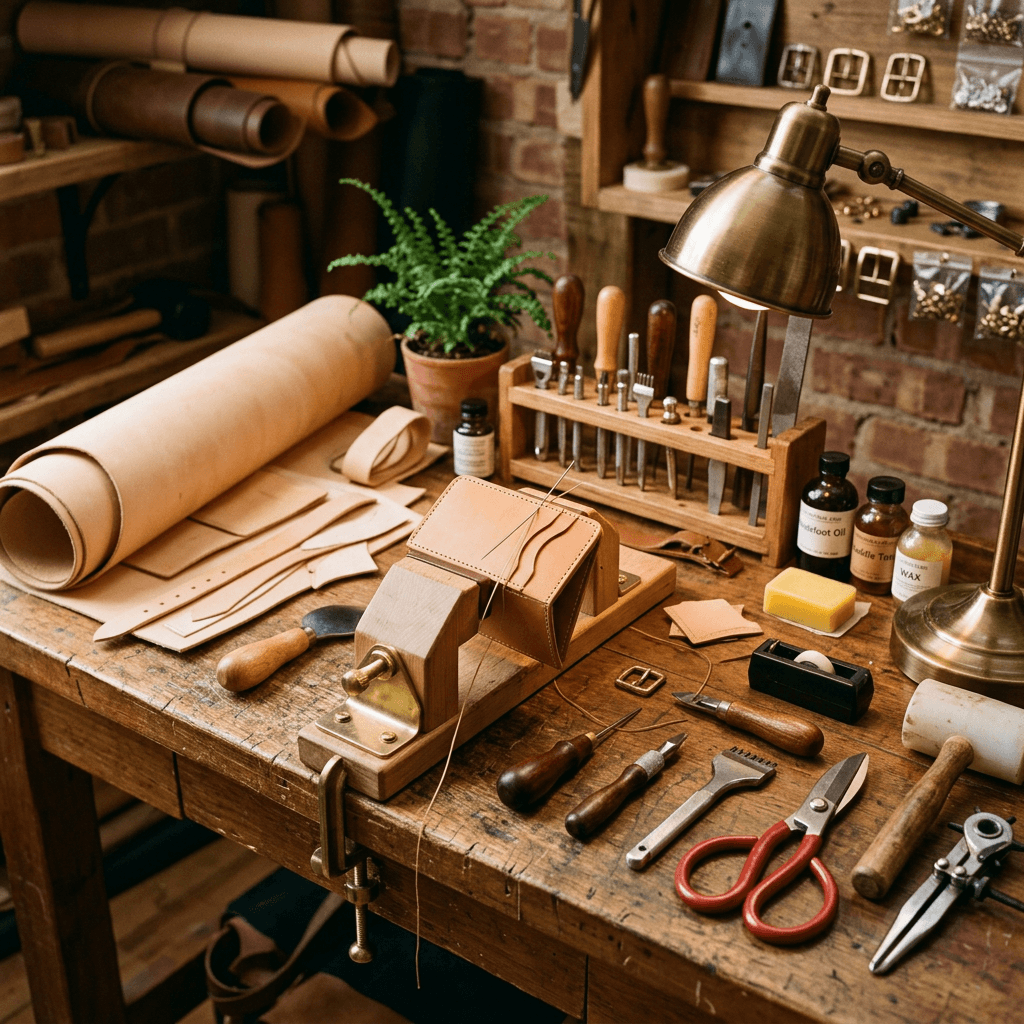 Leather crafting workspace with tools, leather pieces, and sewing setup