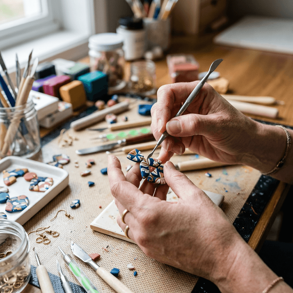 Hands shaping polymer clay pieces with a metal sculpting tool on a worktable