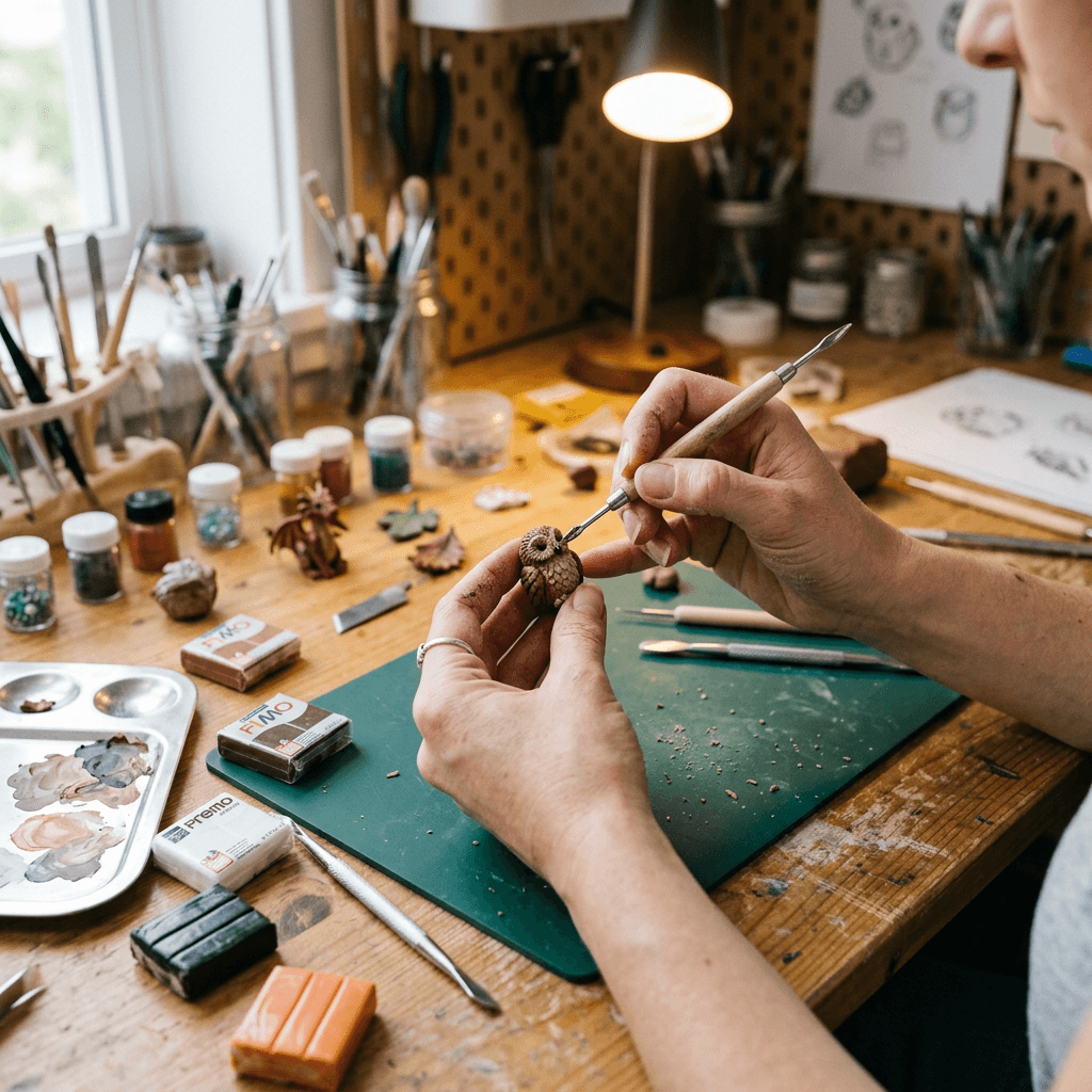 Hands sculpting a miniature owl with clay modeling tools on a desk