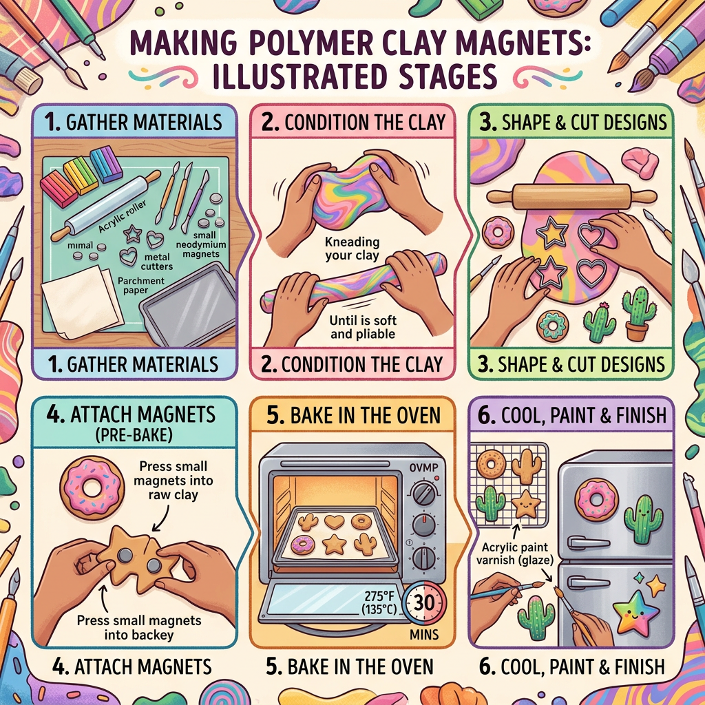 Illustrated six-step process to make polymer clay magnets with tools and baking instructions
