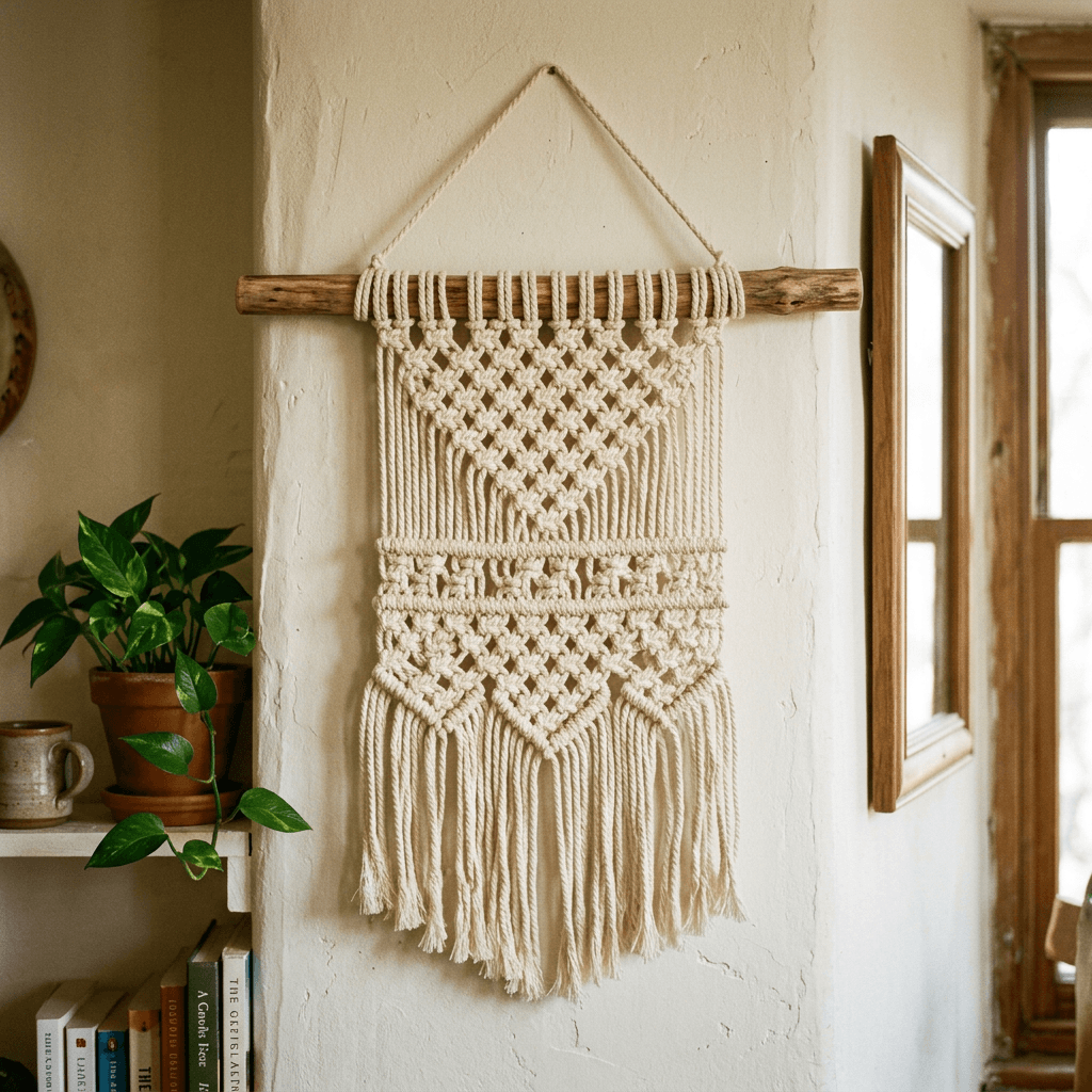 Beige macrame wall hanging with intricate knots on wooden rod